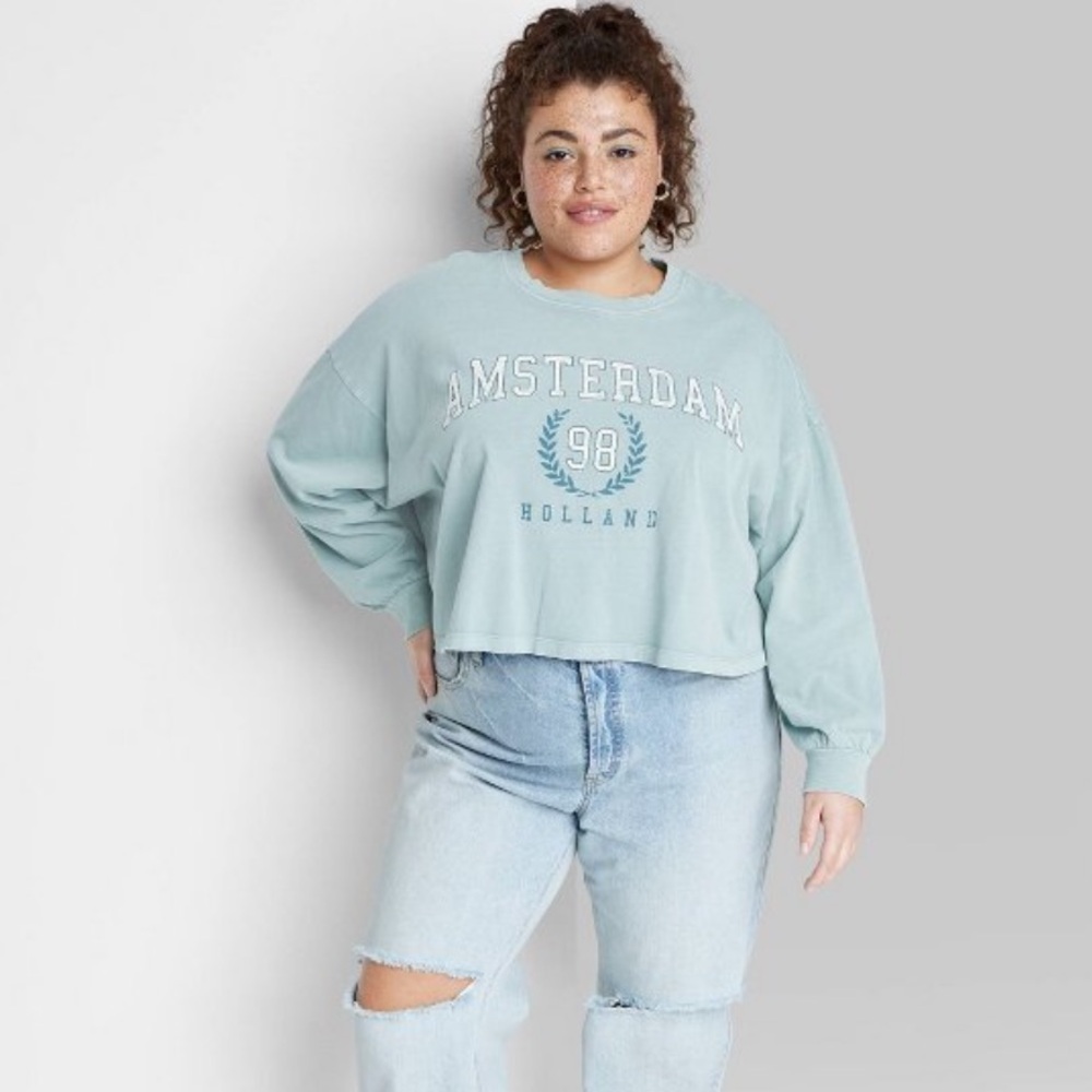 Wild Fable Amsterdam Green Blue Long Sleeve Cropped Shirt